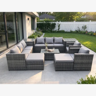 The Range 10-Seat PE Rattan Set, 5mm Glass Coffee Table, 2 Big Stools, 2 Side Tables - Dark Grey Mixed