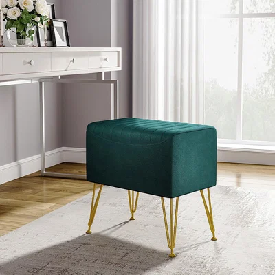 The Range Upholstered Velvet Stool Striped Footstool with Painted Hairpin Golden Legs - Green
