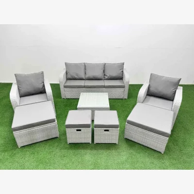The Range Fimous PE Rattan Outdoor Sofa Set ¿ 3-Seater, 2 Recliners, 4 Stools and Glass Table. - Light grey rattan with dark grey fabric