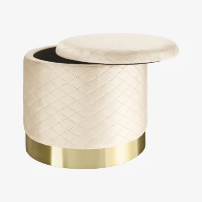 The Range Stool Coco - Round, Padded, Velvet Quilted Pattern, Storage Space - Cream