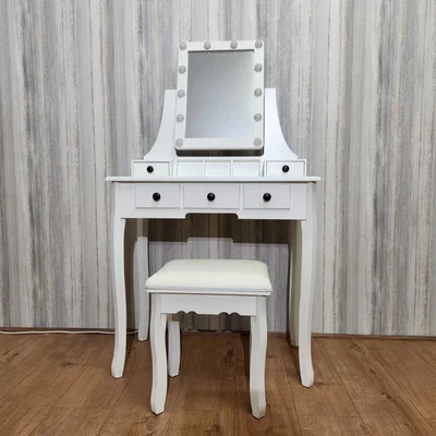 The Range White Dressing Table with Mirror LED Bulbs 5 Drawers Stool Vanity Makeup Table - White