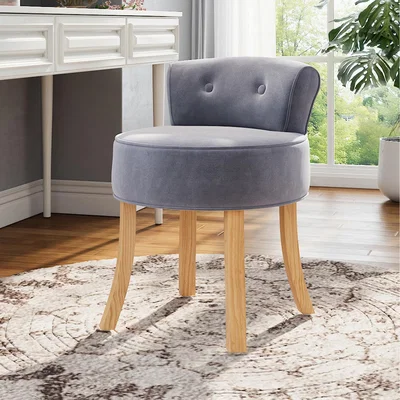 The Range Button-Tufted Dressing Table Stool with Solid Wood Legs - Grey+Yellow