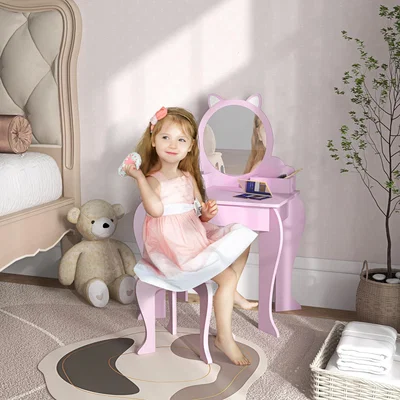 The Range Cat Design Kids Dressing Table with Mirror and Stool Drawer - Pink