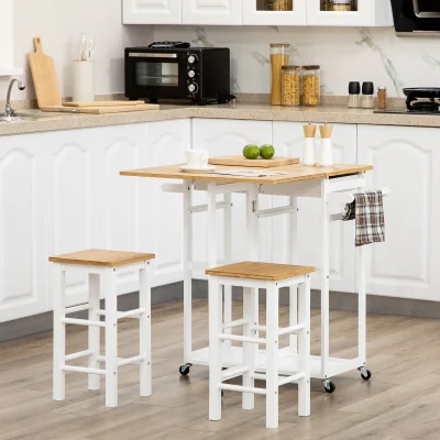 The Range Kitchen Island Set with 2 Stools, Bamboo Kitchen Cart with Drop Leaf - White