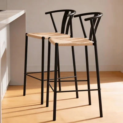 The Range Pair of Eira Black Metal Stools with Woven Seat - Black & Natural