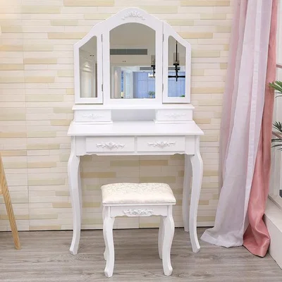The Range Modern Dressing Table Vanity Stool Set With 3 Foldable Makeup Mirror 4 Drawers - White