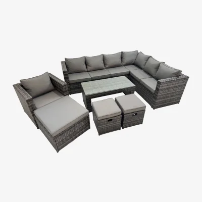 The Range Fimous Outdoor Rattan Corner Sofa Set, Oblong Glass Table & 3 Stools, Dark Grey - Dark Grey Mixed