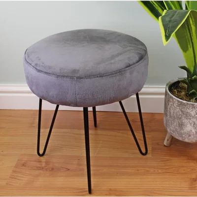 The Range Grey Velvet Black Wire Leg Stool 35x40cm - Grey