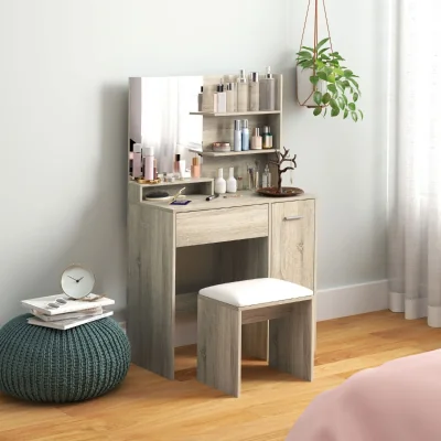 The Range Dressing Table and Stool Set with Storage  - Natural Wood
