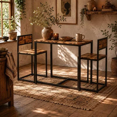 The Range Doel 3 Piece Rustic Brown Wood-Effect Table and Stool Set