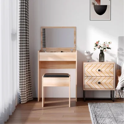 The Range Dressing Table Set Padded Stool Dresser with Flip-up Mirror  - Wood