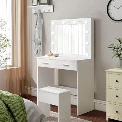 The Range White Vanity Set with Illuminated Mirror, 2 Drawers, and Stool - White