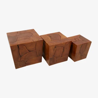 The Range Surak Set of 3 Solid Teak Wood Side Tables and Stools - Brown
