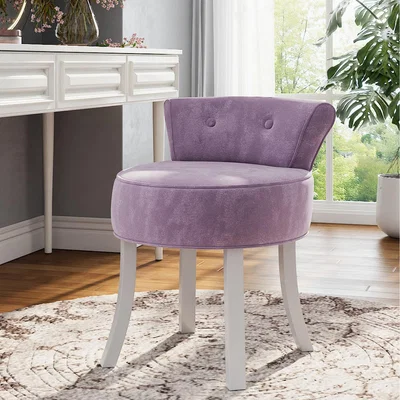 The Range Button-Tufted Dressing Table Stool with Solid Wood Legs - Purple+White