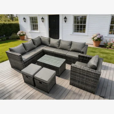 The Range Rattan Corner Sofa Set Oblong Coffee Table Stools - Dark Grey Mixed