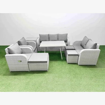 The Range Fimous PE Rattan Outdoor Furniture Set, Reclining Sofa, Dining Table & Stools Light Grey - Light grey rattan + dark grey fabric