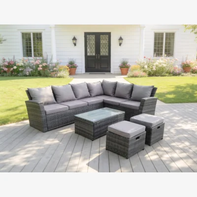 The Range 8 Seater Rattan Garden Furniture Set Oblong Coffee Table Stools - Dark Grey Mixed