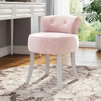 The Range Button-Tufted Dressing Table Stool with Solid Wood Legs - Pink+White