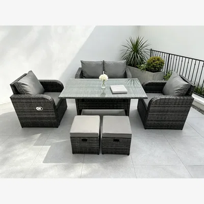 The Range PE Rattan Garden Furniture Reclining Loveseat Table 6 Seat Stool