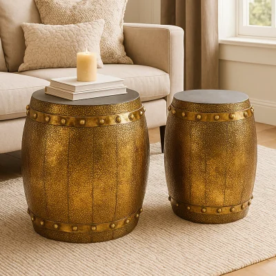 The Range Reza Set of 2 Hammered Drum Stools and Tables - Gold