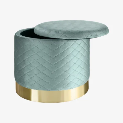 The Range Stool Coco - Round, Padded, Velvet Quilted Pattern, Storage Space - Turquoise
