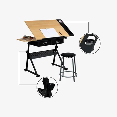 The Range Adjustable Drafting Table with Stool - Wood
