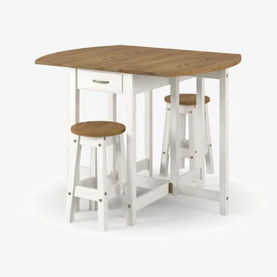 The Range Corona White oval breakfast drop leaf gateleg table and 2 stool set - White washed wax finish