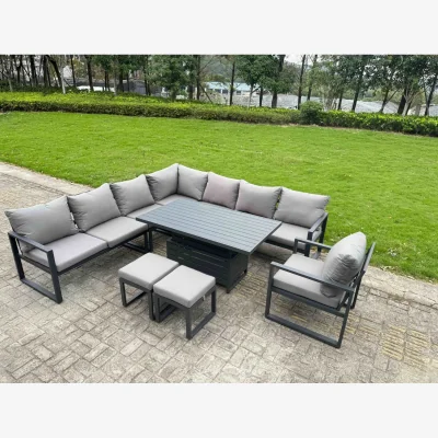 The Range Aluminum 9 Piece 10-Seater L-Shaped Set with Lifting Table & 2 Stools - Dark grey