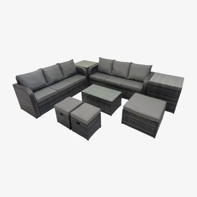 The Range Fimous 9-Seater Rattan Garden Set: 2x 3-Seater Sofas, Coffee Table & Stools - Light Grey Mixed rattan with dark grey fabric