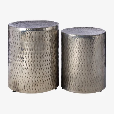 The Range Templar Set of 2 Nickel Finish Side Tables and Stools - Silver