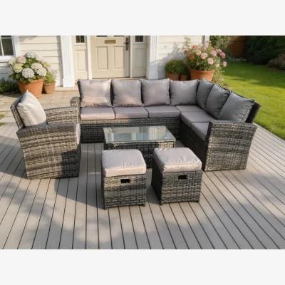 The Range 9 Seater Rattan Garden Furniture Set Oblong Coffee Table Stools - Dark Grey Mixed