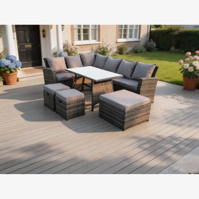 The Range 9 Seater Rattan Garden Furniture Set Oblong Dining Table 3 Stool - Dark Grey Mixed