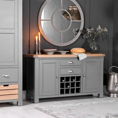Chiltern Oak Furniture Dorset Storm Grey Painted Oak Large Sideboard Wine Rack