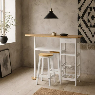 The Range Zipa Wooden Natural And White 3 Piece Breakfast Bar Set With Storage And Wine Rack