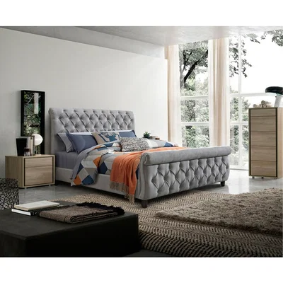 La Redoute Linen Effect Tufted Sleigh Bed Frame - Grey
