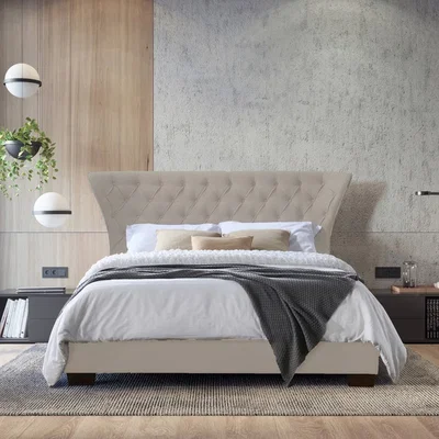 La Redoute Velvet Wing Back Button Tufted Bed Frame - Champagne