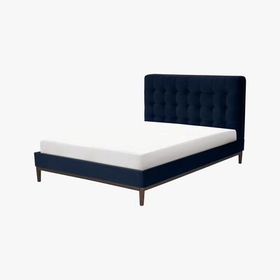 Made.com Lavelle Super King Size Bed, Ink Blue Velvet & Walnut Stain Legs