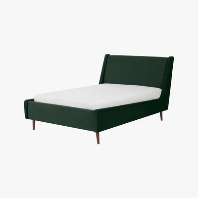 Made.com Higgs King Size Bed, Pine Green Velvet & Walnut Stain Legs