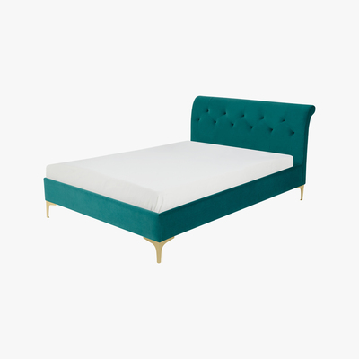 Made.com Linnell King Size Bed, Seafoam Blue Velvet & Brass