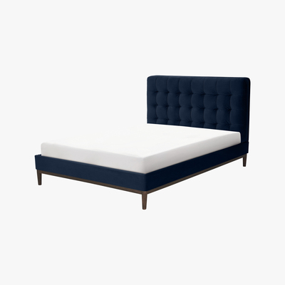 Made.com Lavelle King Size Bed, Ink Blue Velvet & Walnut Stain Legs