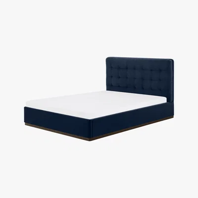 Made.com Lavelle King Size Ottoman Bed, Ink Blue Velvet & Walnut Stain Plinth