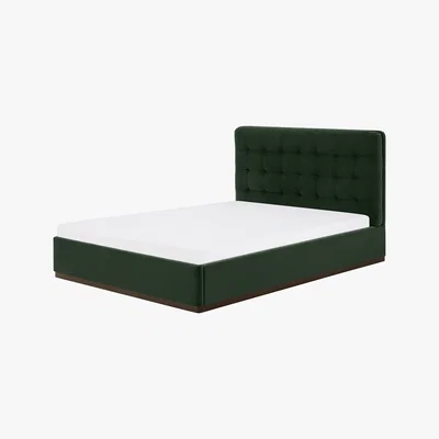 Made.com Lavelle Double Ottoman Bed, Laurel Green Velvet & Walnut Stain Plinth