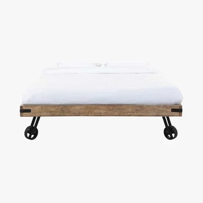 Maisons du Monde MANUFACTURE - Solid Mango Wood 140 x 190 Double Bed on Castors