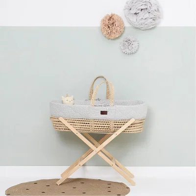 Cuckooland Little Green Sheep Natural Quilted Moses Basket with Mattress & Stand - Dove Grey