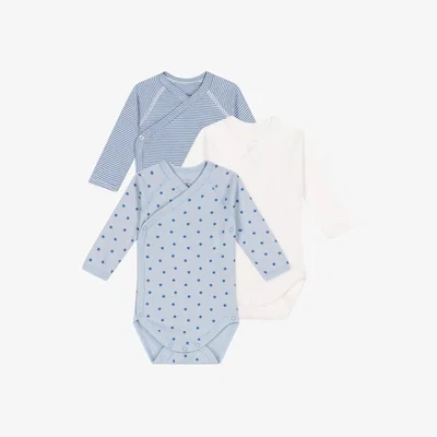 John Lewis Petit Bateau Baby Cotton Wrapover Bodysuits, Pack of 3, Blue/White