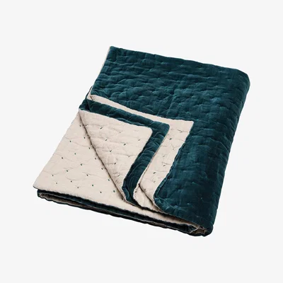 Amara Niki Jones - Velvet Linen Bedspread/Quilted Throw - Lomond Teal & Natural