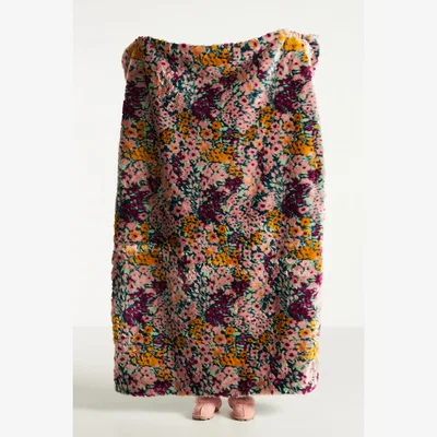 Anthropologie Floral Faux Fur Throw Blanket