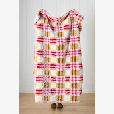 Anthropologie Lilou Jacquard Plaid Faux-Fur Throw Blanket