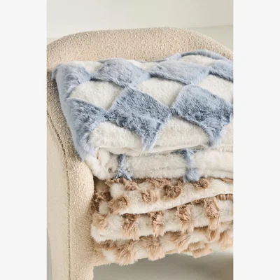 Anthropologie Checkered Sculpted Faux-Fur Throw