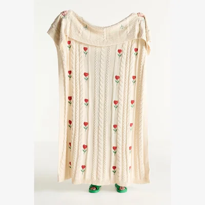 Anthropologie Cable-Knit Icon Floral Throw Blanket